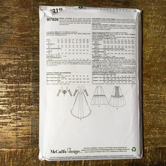 McCalls Sewing Pattern M7826 Renaissance Costume Rococo Robe Skirt 14-22 UNCUT - Picture 2 of 3